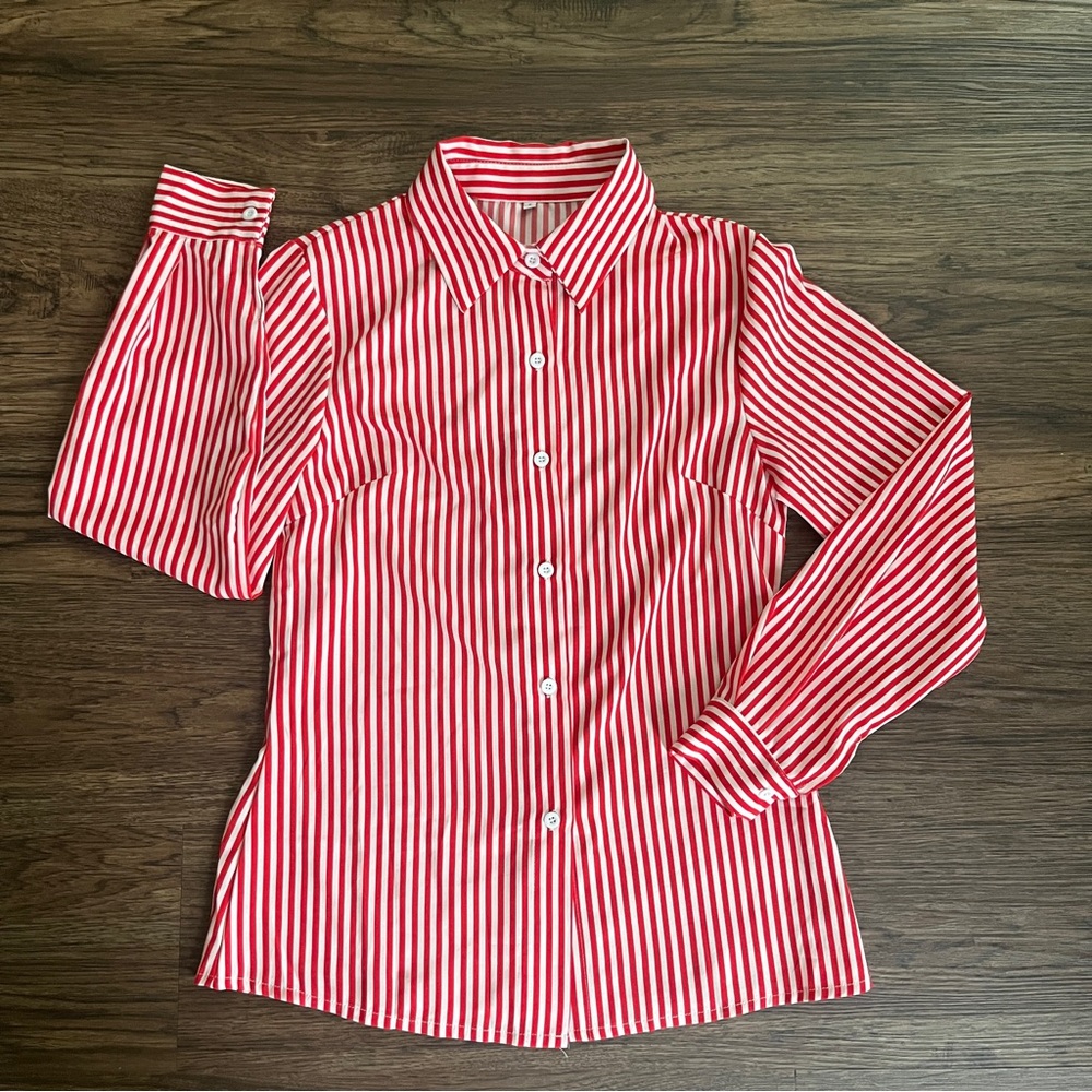 Red & White Striped Button Down Blouse Small
